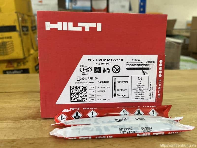 Sản phẩm túi hóa chất cấy thép Hilti HVU2 M12 chuyên dùng neo cấy bulong M12