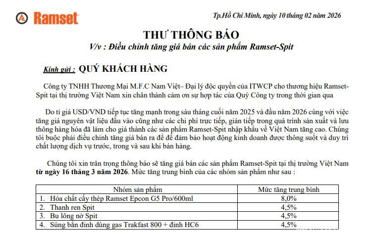 Thông Báo Điều Chỉnh Tăng Giá Sản Phẩm Ramset – Spit Từ 16/03/2026