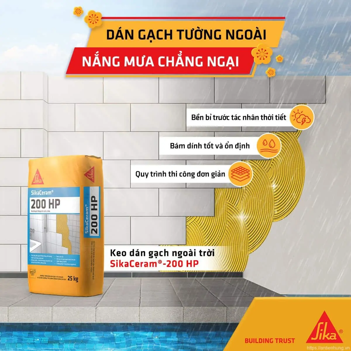 Dán gạch tường ngoài nắng mưa chẳng ngại