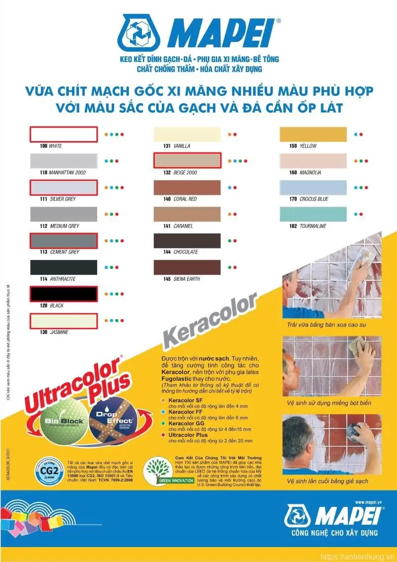 Bảng màu vữa chít mạch Mapei Keracolor