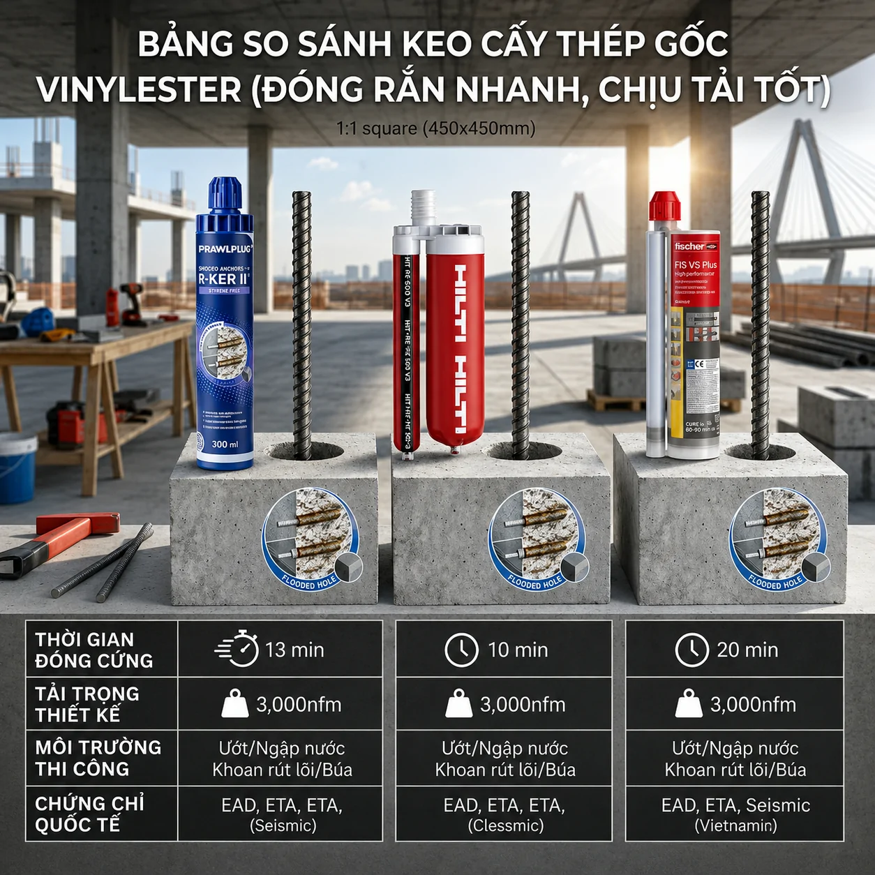 Bảng so sánh keo cấy thép gốc Vinylester